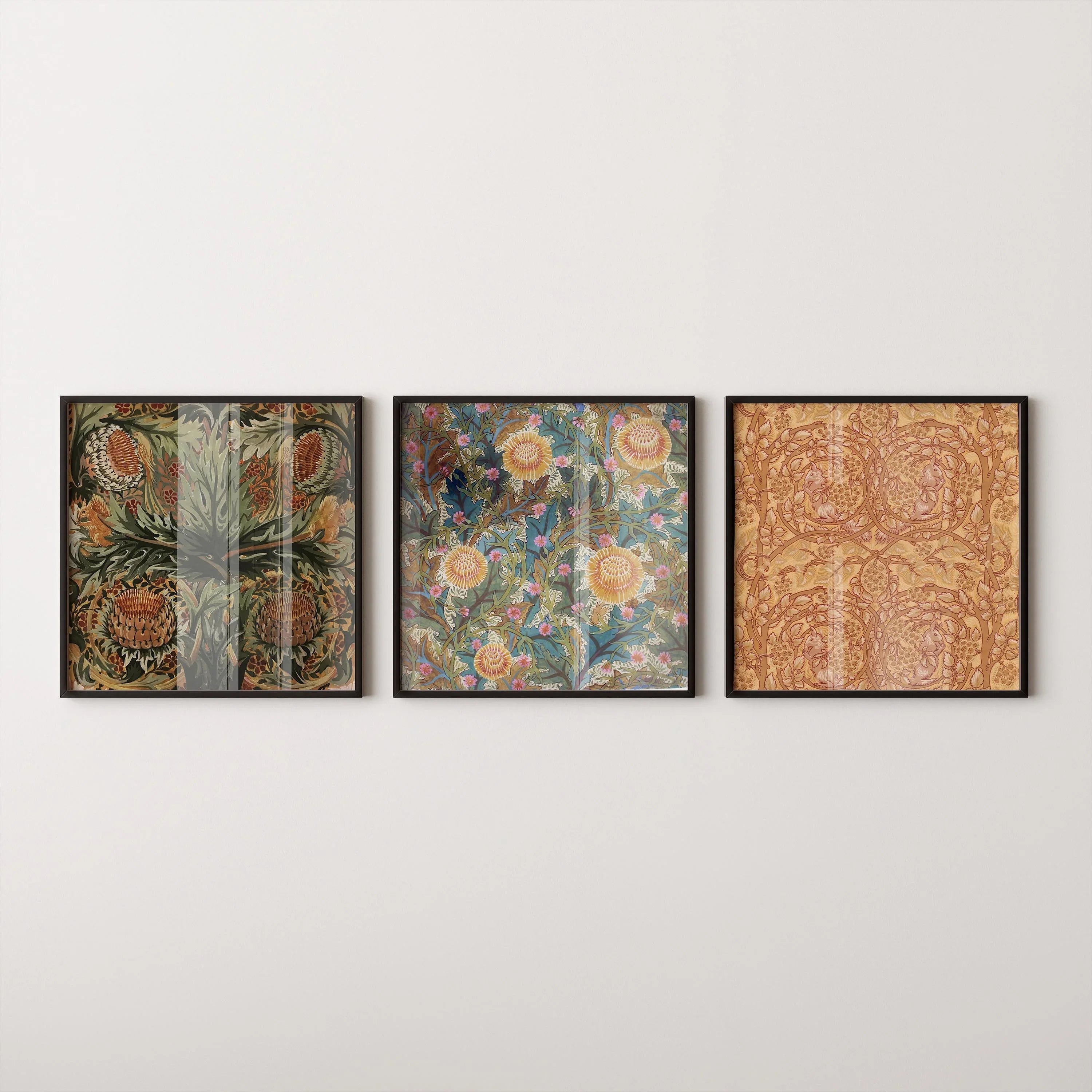 William Morris STATEMENT TRIO Arthur Heygate Mackmurdo| Artichokes Brambles Chrysanthemum & Squirrels available framed 1x1