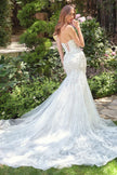 mermaid gown features a strapless lace-up closure for adjustable support