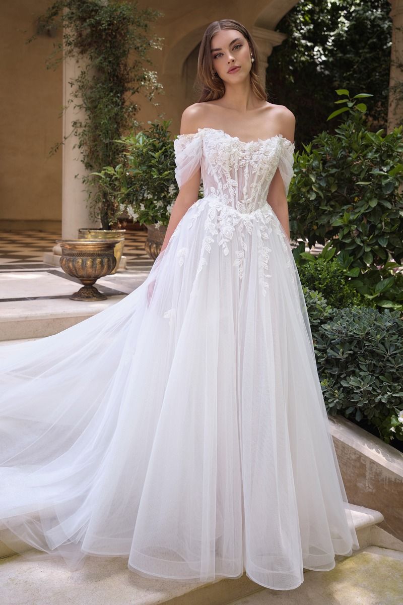 Off-the-shoulder illusion neckline with floral appliqué
