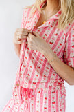 Pink Strawberry & Cherry Bows Adult Button Down Short Sleeve Pajama Top