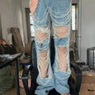 Women Creative Casual Ripped Denim Jeans  Straight Leg Pant Trouser