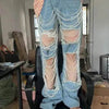 Women Creative Casual Ripped Denim Jeans  Straight Leg Pant Trouser