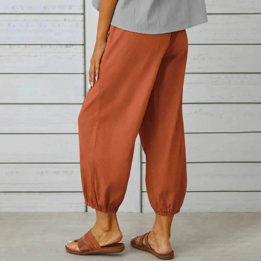 Women Drawstring Tie Pants Spring Summer Cotton And Linen Trousers With Pockets Button