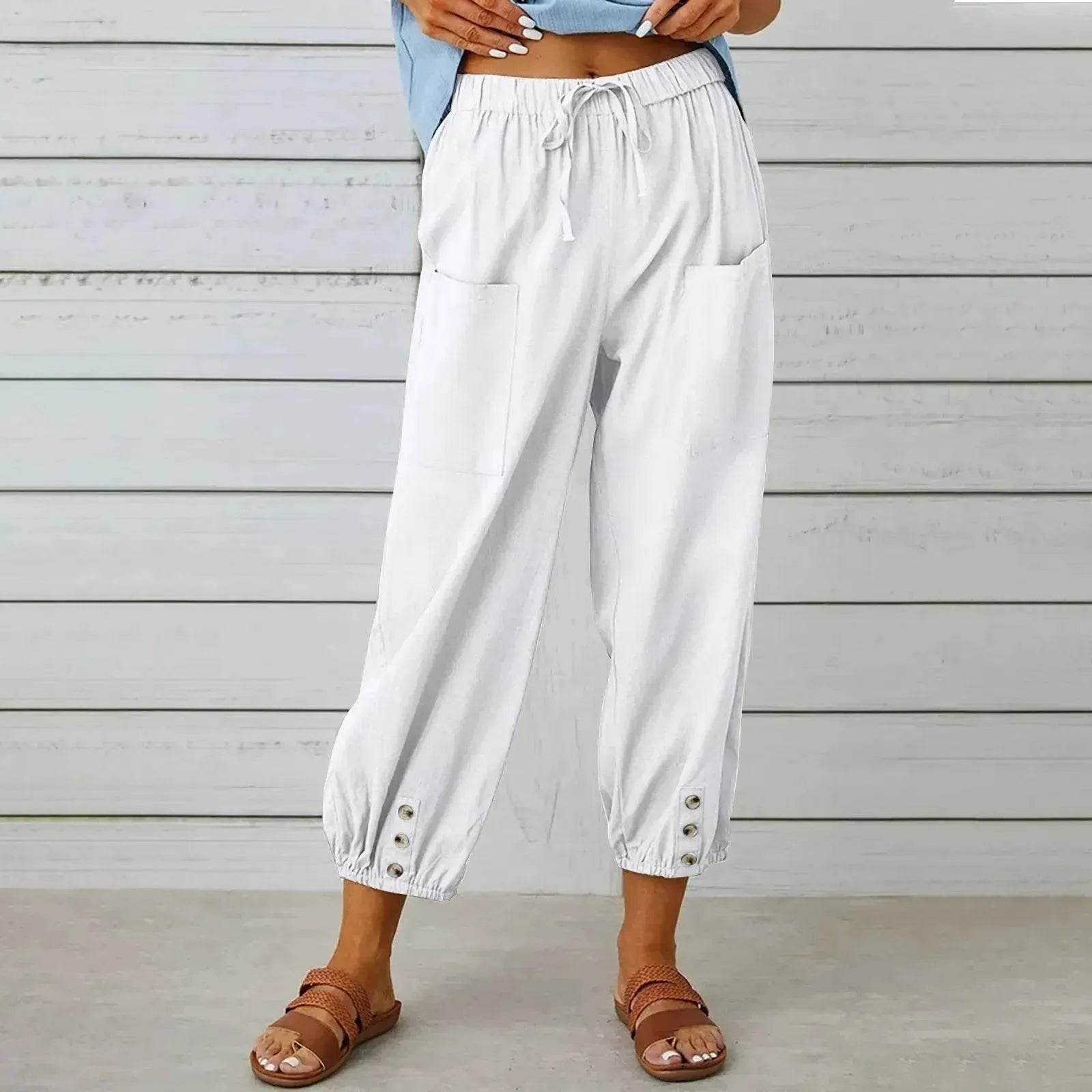 Women Drawstring Tie Pants Spring Summer Cotton And Linen Trousers With Pockets Button