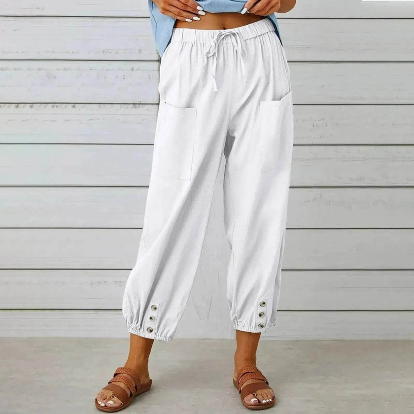 Women Drawstring Tie Pants Spring Summer Cotton And Linen Trousers With Pockets Button