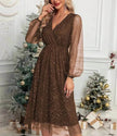Women Fashion Stitching Mesh V-Neck Midi Dress