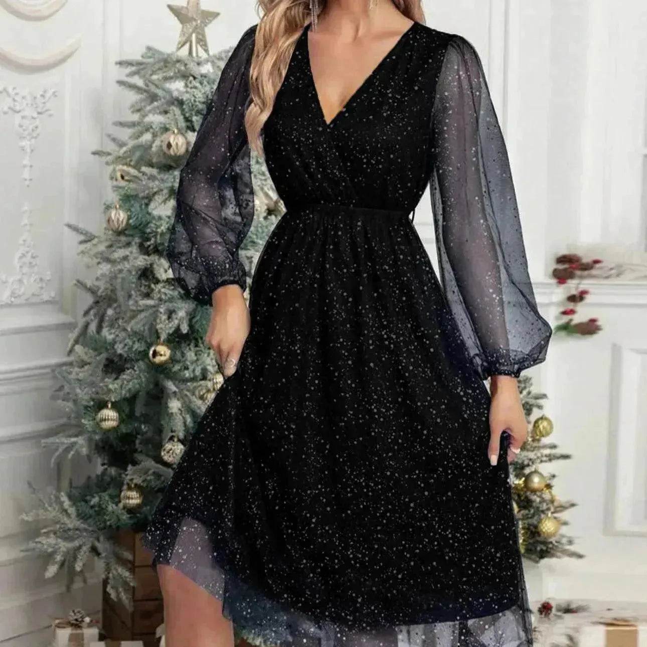 Women Fashion Stitching Mesh V-Neck Midi Dress