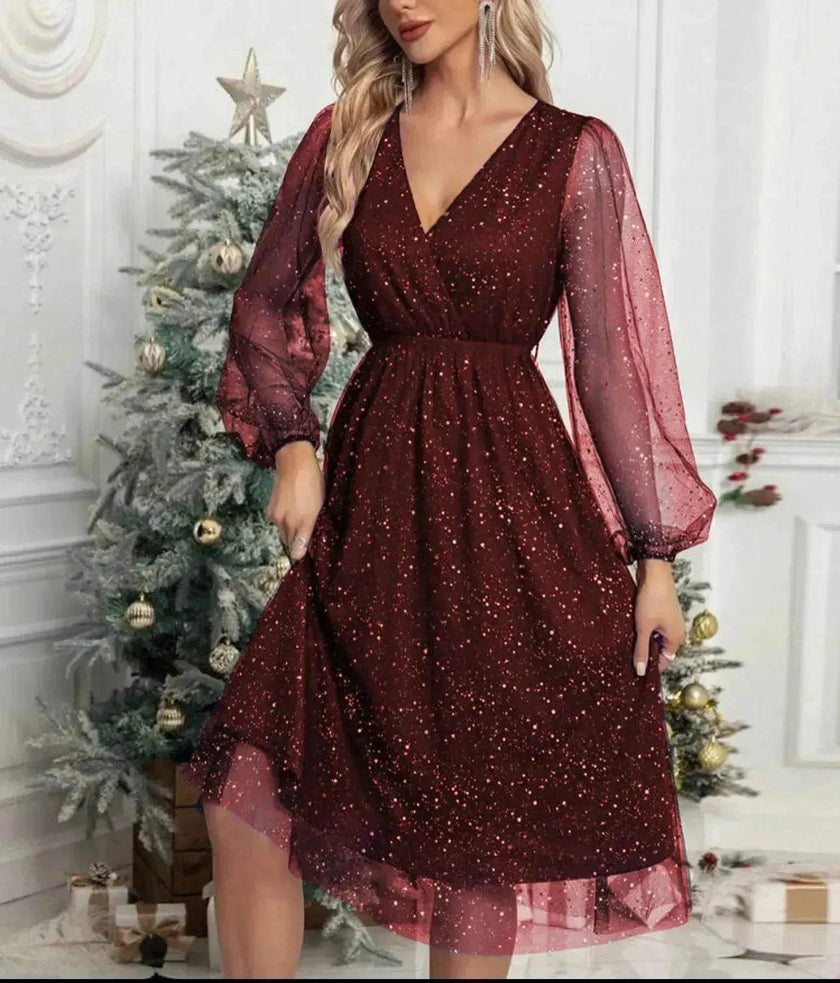 Women Fashion Stitching Mesh V-Neck Midi Dress