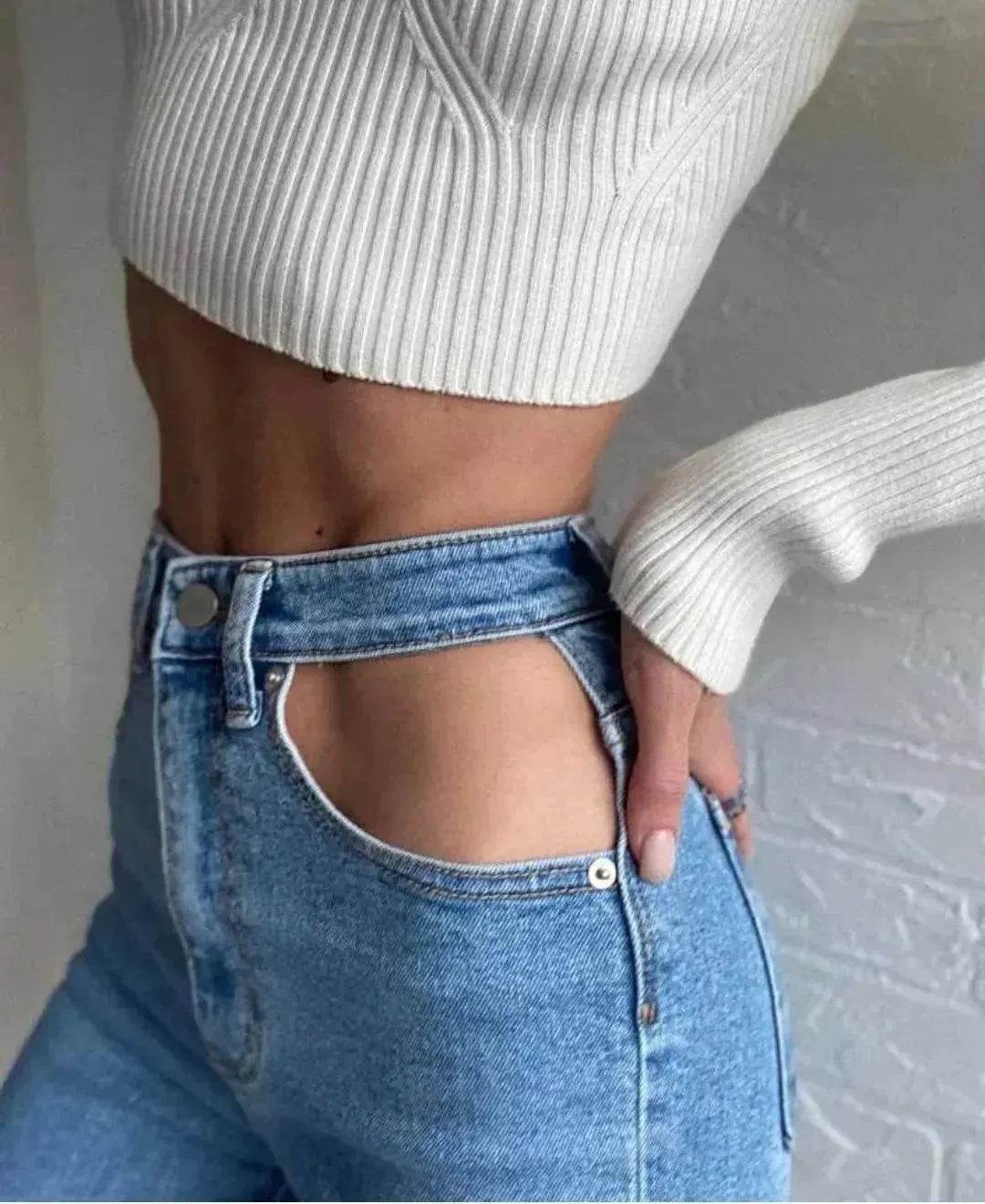 Women High Waist Loose Fit Blue Wash Casual Denim Trousers