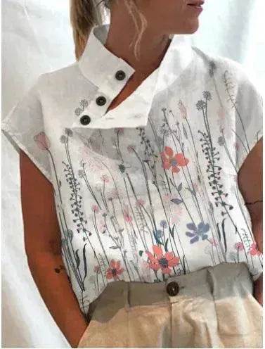 Women's Casual Stand Collar Short-sleeved Digital Printed blouse top