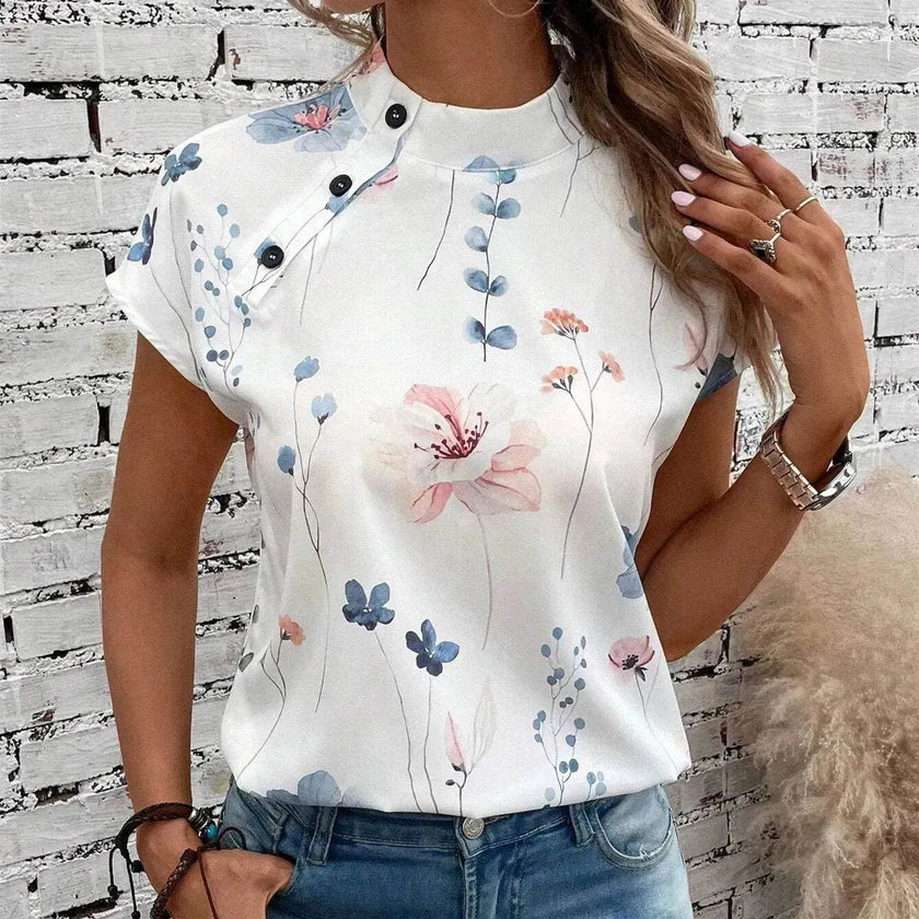 Women's Casual Stand Collar Short-sleeved Digital Printed blouse top