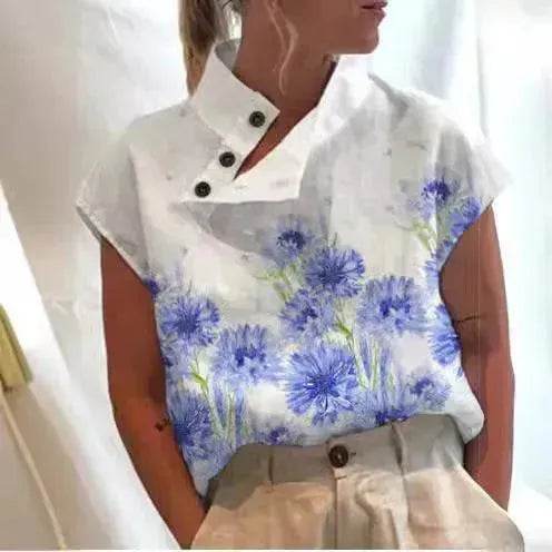 Women's Casual Stand Collar Short-sleeved Digital Printed blouse top