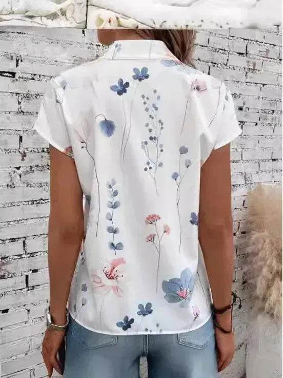 Women's Casual Stand Collar Short-sleeved Digital Printed blouse top