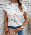 Women's Casual Stand Collar Short-sleeved Digital Printed blouse top