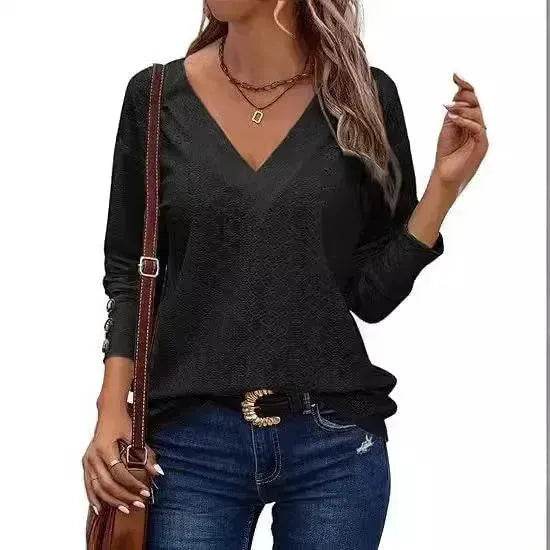 Women's Casual V-neck Long Sleeved Lace Casual Embroidered Shirt top