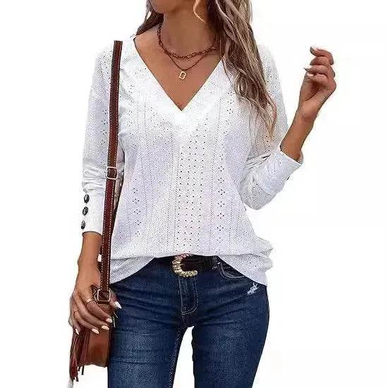 Women's Casual V-neck Long Sleeved Lace Casual Embroidered Shirt top