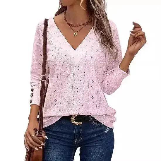 Women's Casual V-neck Long Sleeved Lace Casual Embroidered Shirt top