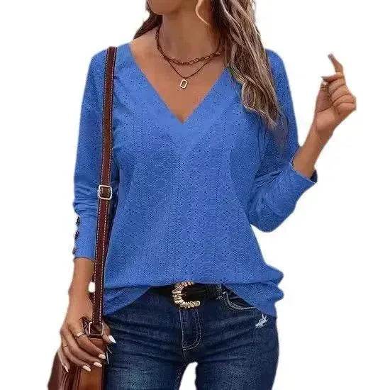 Women's Casual V-neck Long Sleeved Lace Casual Embroidered Shirt top