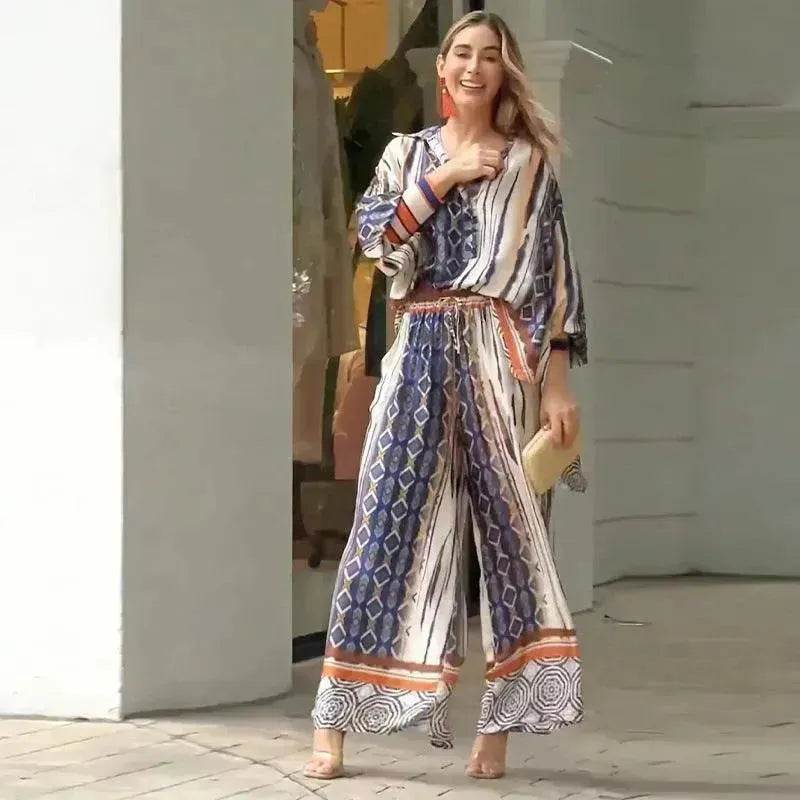 Women's Loose Printed Two-Piece Set – Top & Pants | Blue