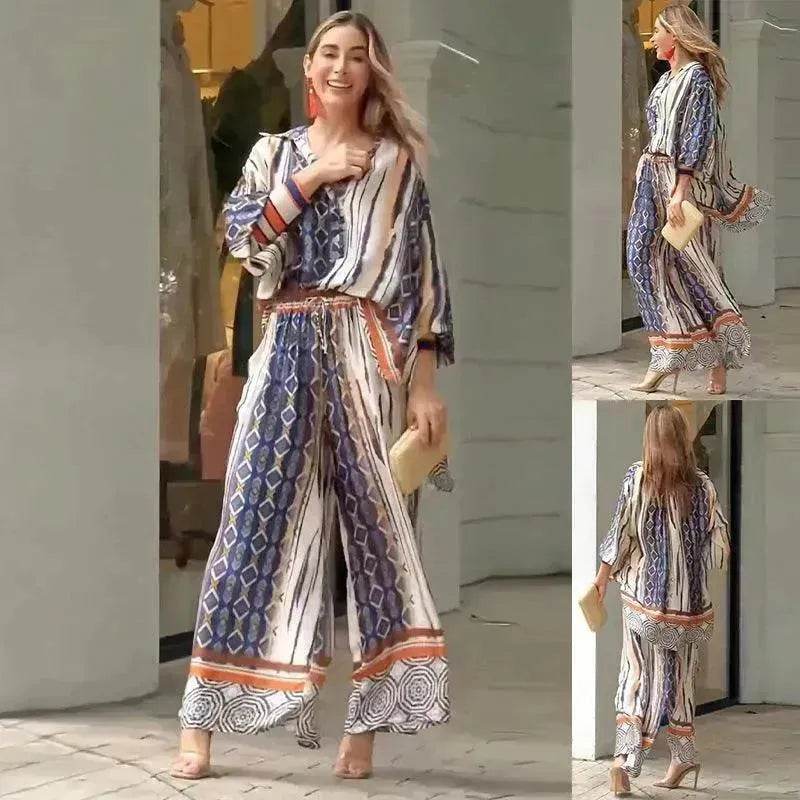 Women's Loose Printed Two-Piece Set – Top & Pants | Blue