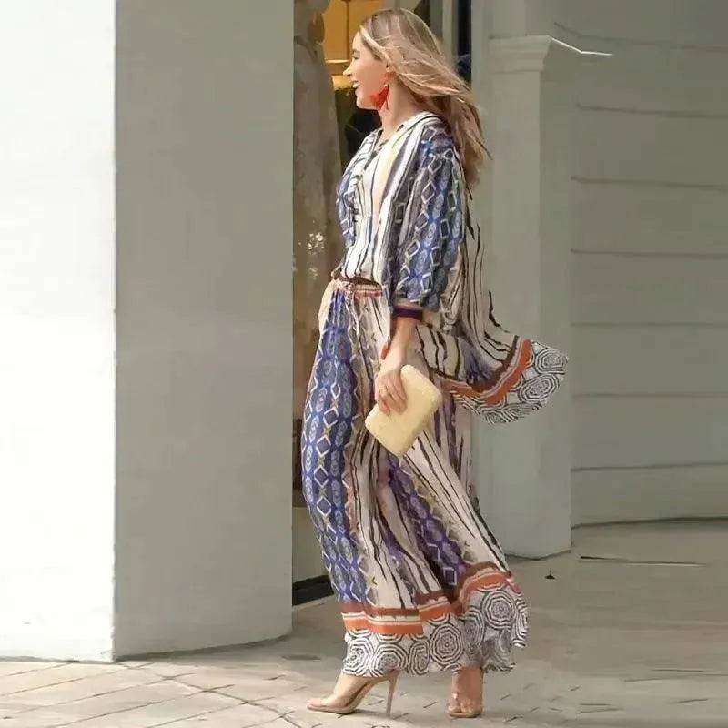 Women's Loose Printed Two-Piece Set – Top & Pants | Blue