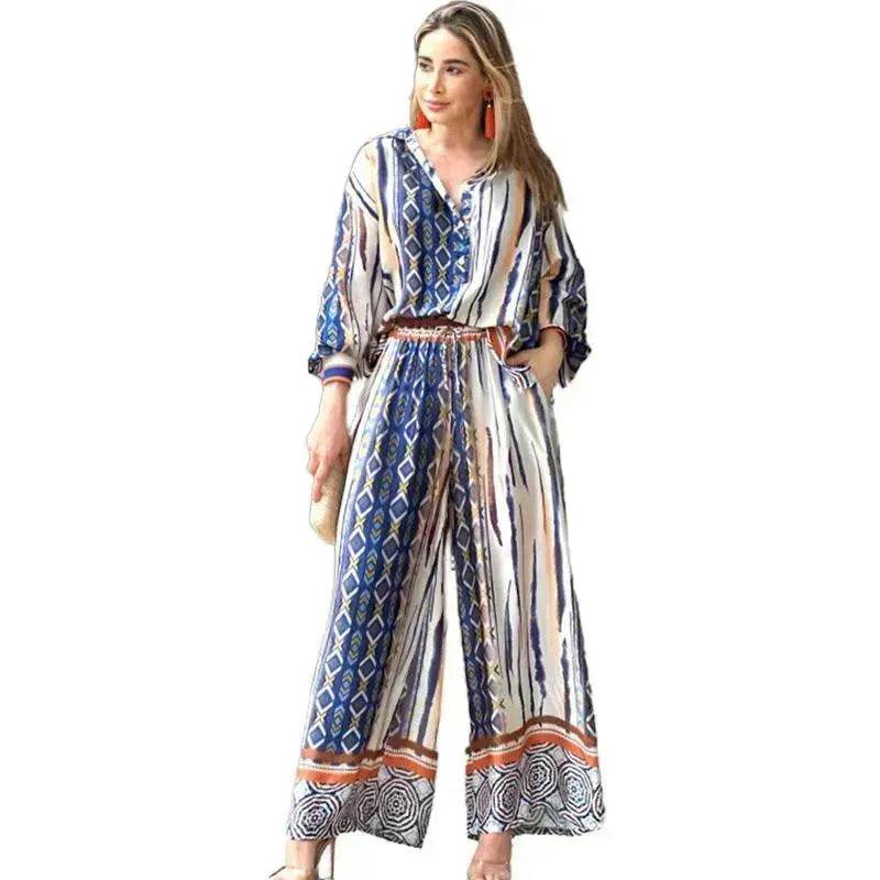 Women's Loose Printed Two-Piece Set – Top & Pants | Blue