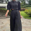 Women's Fashion Striped Printed Crew Neck Top Wide-leg Pants Two-piece Set