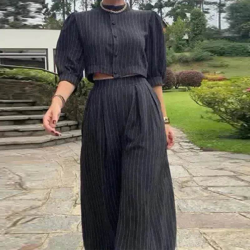 Women's Fashion Striped Printed Crew Neck Top Wide-leg Pants Two-piece Set