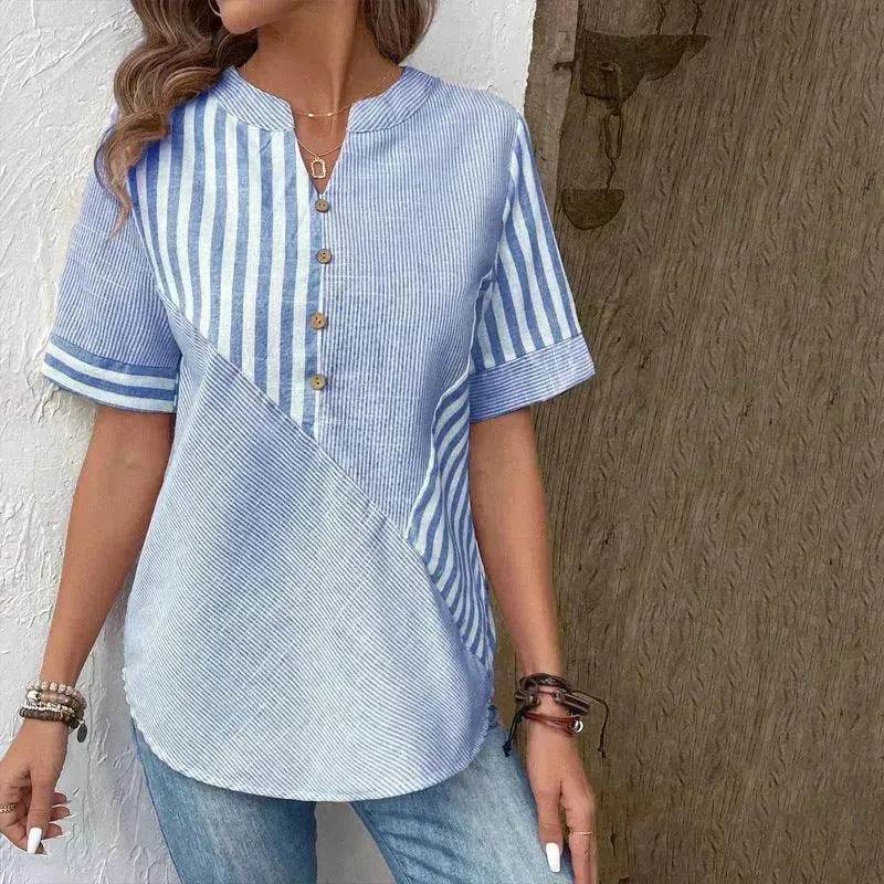 Women's Fashion V-neck Asymmetric Stripes Patchwork Top