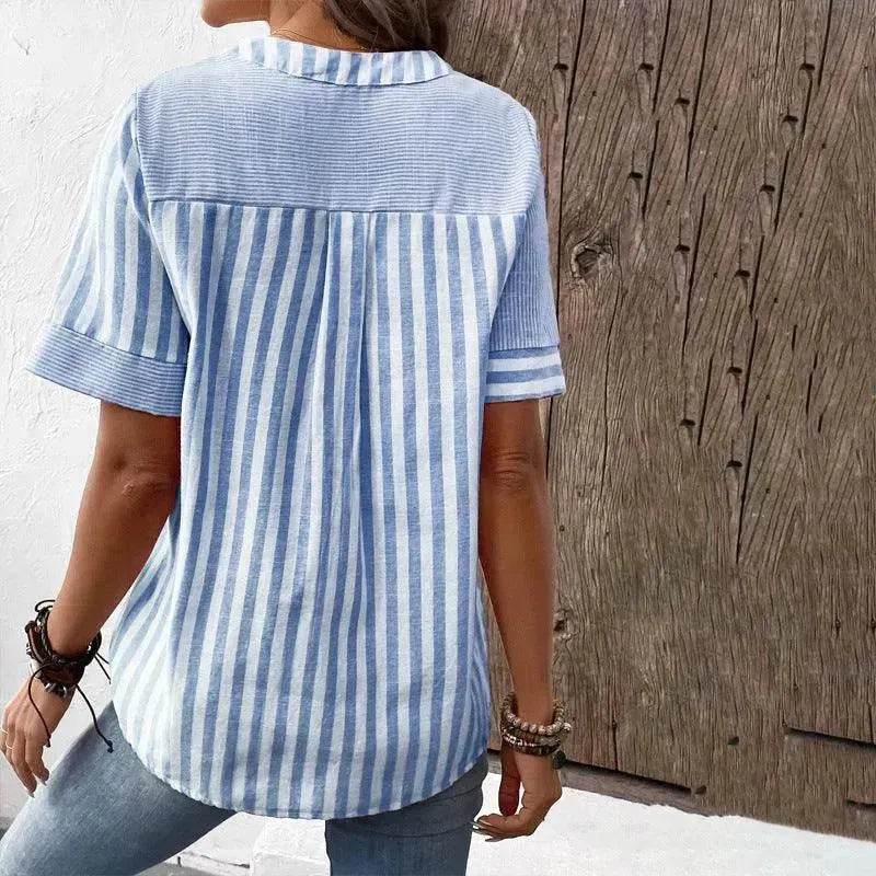 Women's Fashion V-neck Asymmetric Stripes Patchwork Top