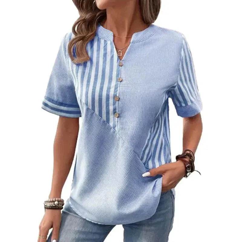 Women's Fashion V-neck Asymmetric Stripes Patchwork Top