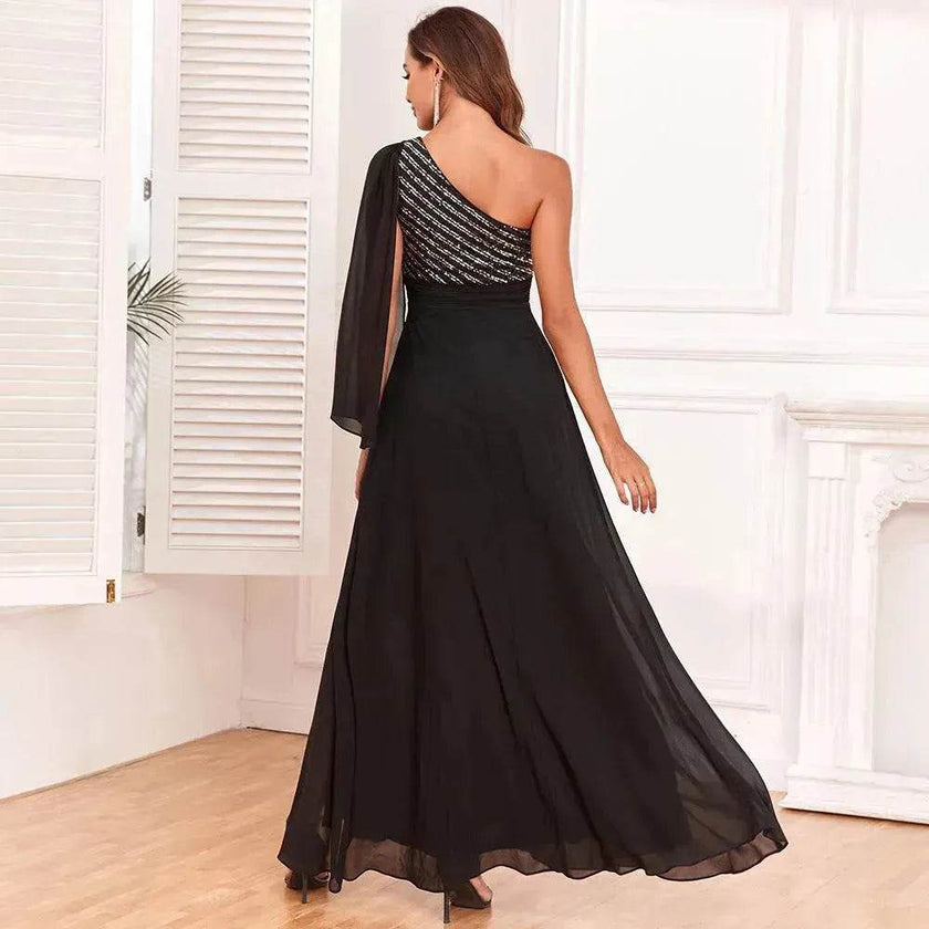 Women's Fashionable Sequin Spliced Long Sleeve Evening Gown