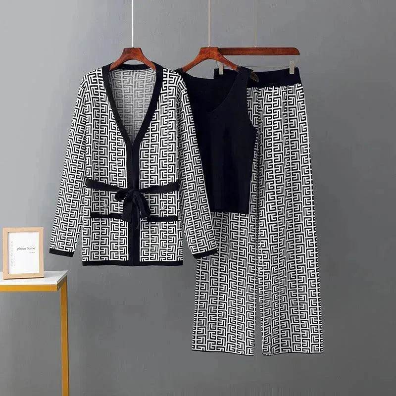 Women's Inverness V-neck Base Knitwear Wide-leg Trousers Three-piece Set