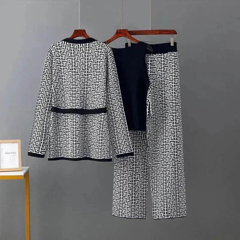 Women's Inverness V-neck Base Knitwear Wide-leg Trousers Three-piece Set