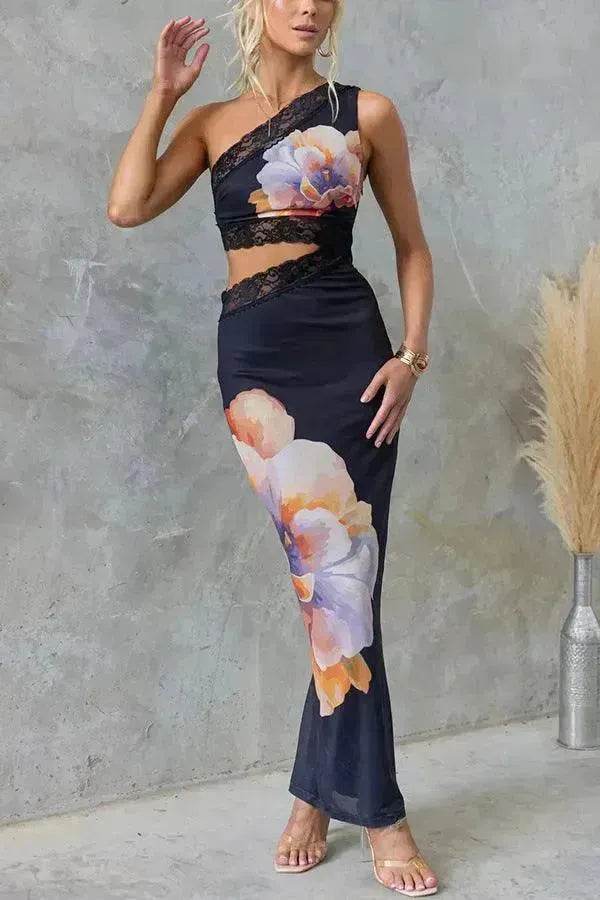 Women's One-shoulder Printed Voile Lace Slim Fit Two piece Dress