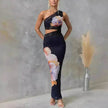 Women's One-shoulder Printed Voile Lace Slim Fit Two piece Dress