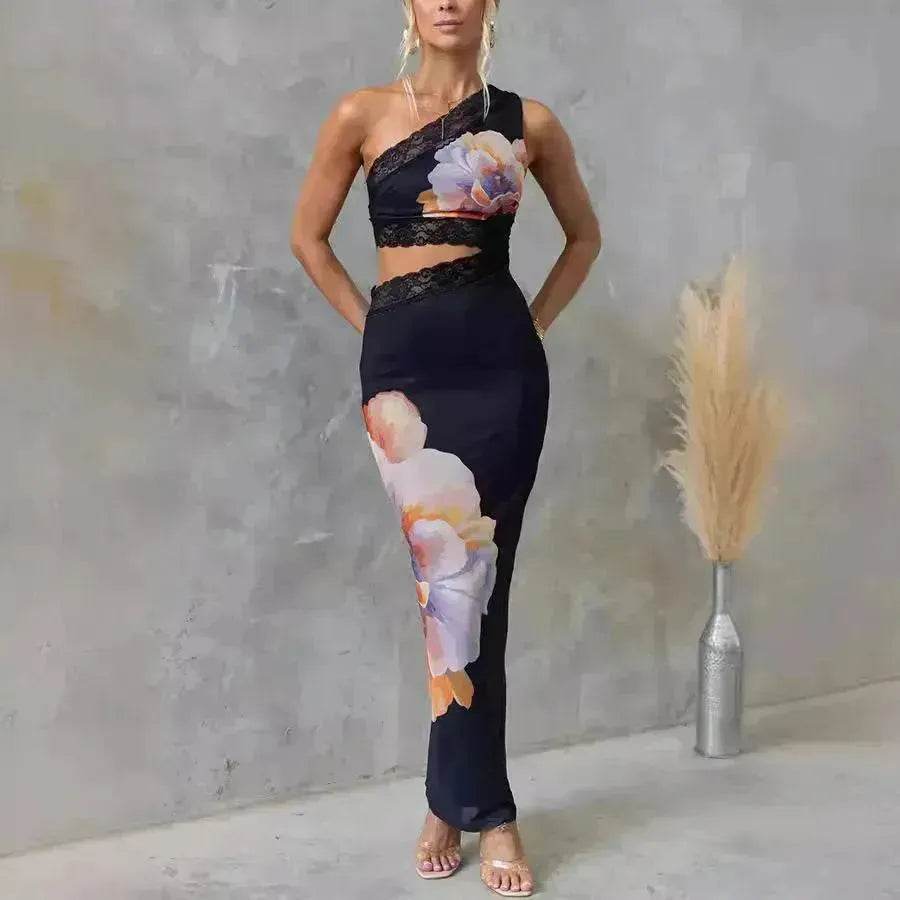 Women's One-shoulder Printed Voile Lace Slim Fit Two piece Dress