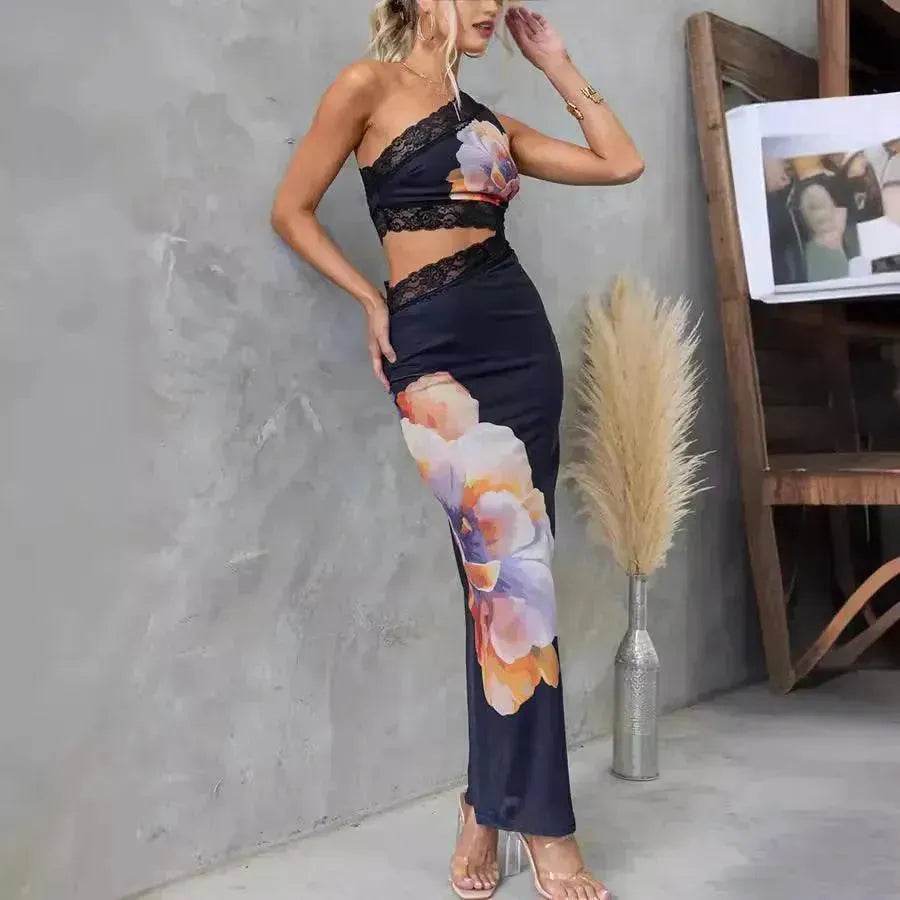 Women's One-shoulder Printed Voile Lace Slim Fit Two piece Dress