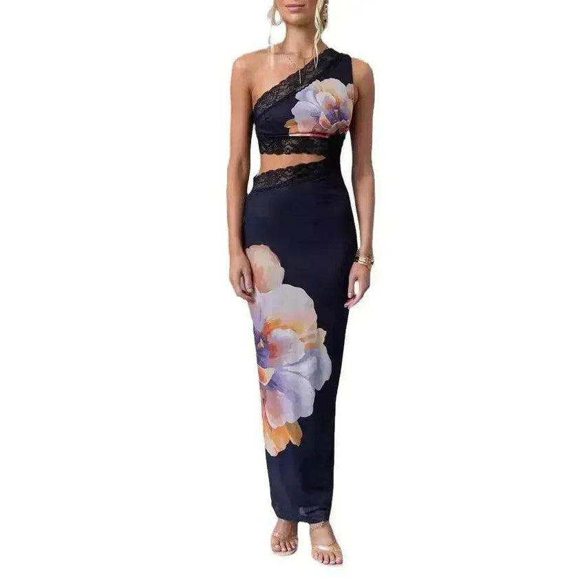 Women's One-shoulder Printed Voile Lace Slim Fit Two piece Dress