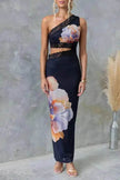 Women's One-shoulder Printed Voile Lace Slim Fit Two piece Dress
