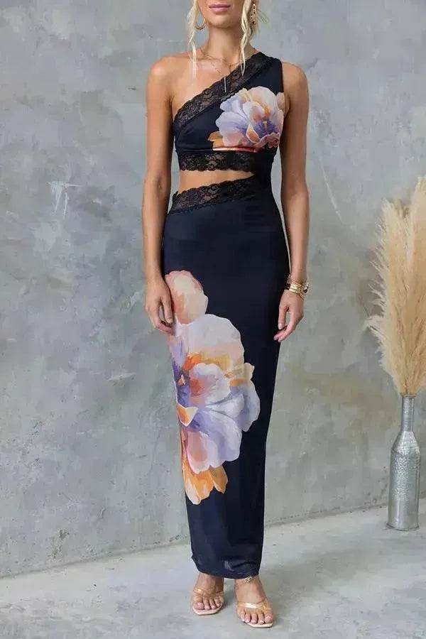 Women's One-shoulder Printed Voile Lace Slim Fit Two piece Dress
