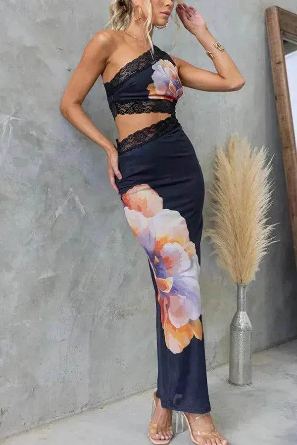 Women's One-shoulder Printed Voile Lace Slim Fit Two piece Dress