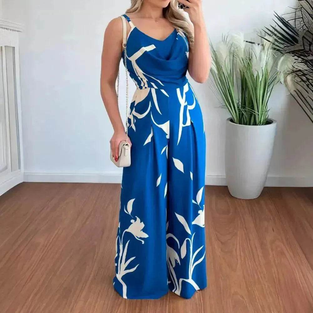 Women's Printed Suspender Waist Wide-leg Jumpsuit