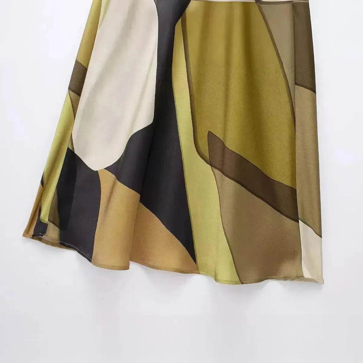 Women's Silk Satin Texture Printing Midi  Dress