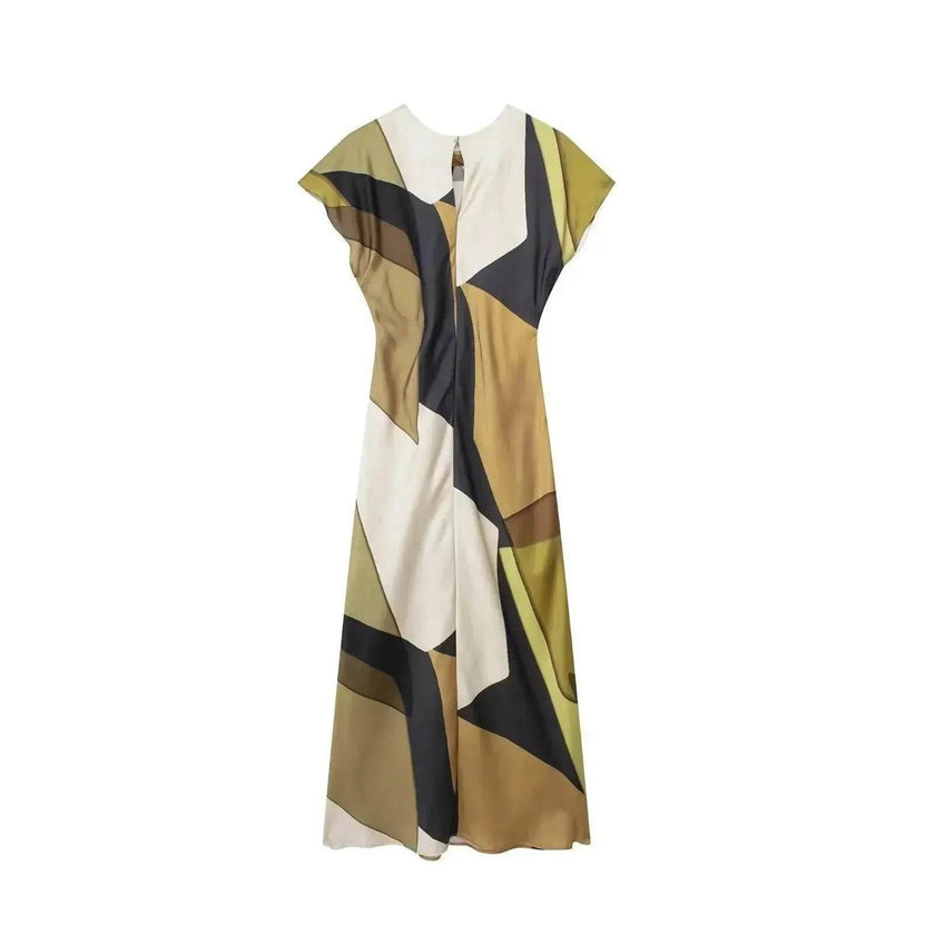 Women's Silk Satin Texture Printing Midi  Dress