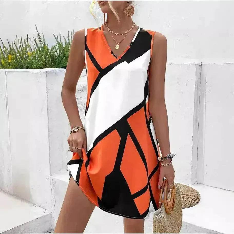 Women's Sleeveless V-neck Printed Loose Mini Dress