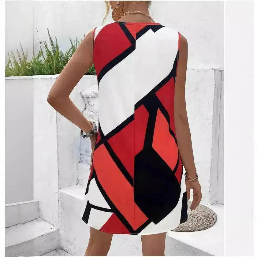 Women's Sleeveless V-neck Printed Loose Mini Dress