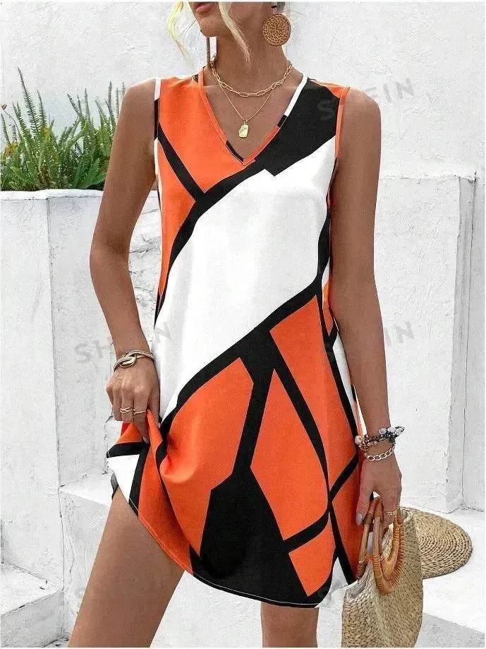 Women's Sleeveless V-neck Printed Loose Mini Dress