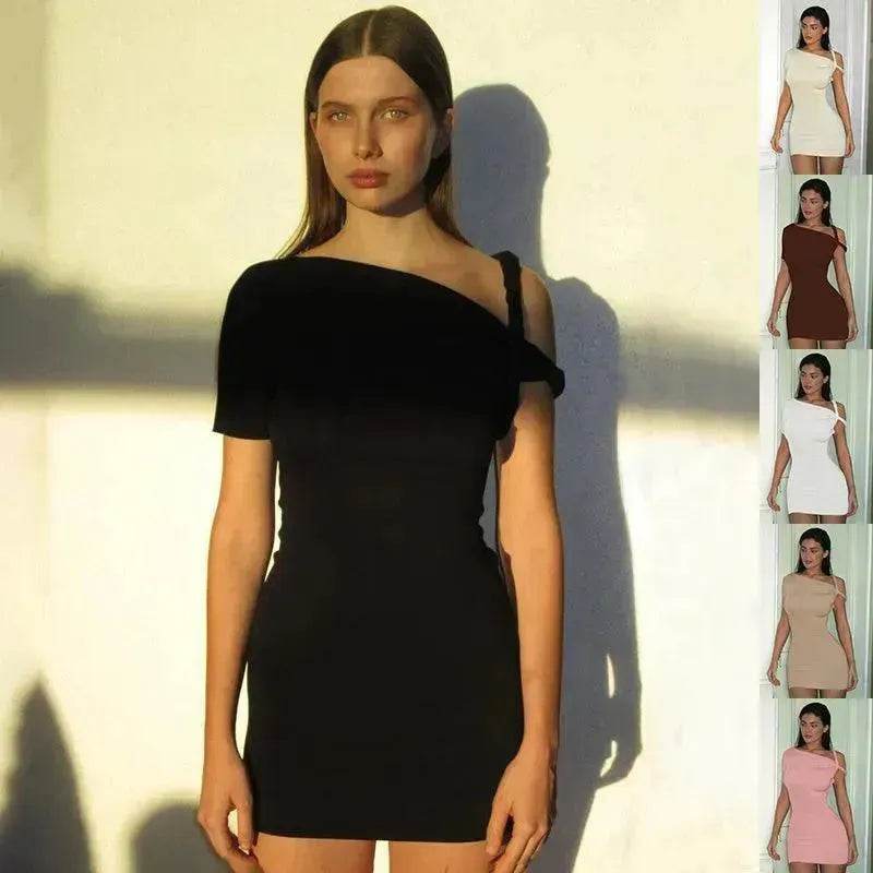 Women's Slim Hip Dress Summer Fashion One-shoulder Short Sleeve Solid Color Mini Dress