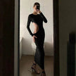 Women's Solid Color Long Sleeve O Neck Hollow  Black  Dress